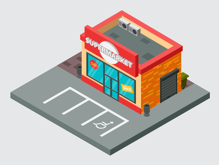Supermarket isometric vector building isolated shop mall city supermarket building design. Urban business construction design. Red kiosk with parking zone isolatedのイラスト素材