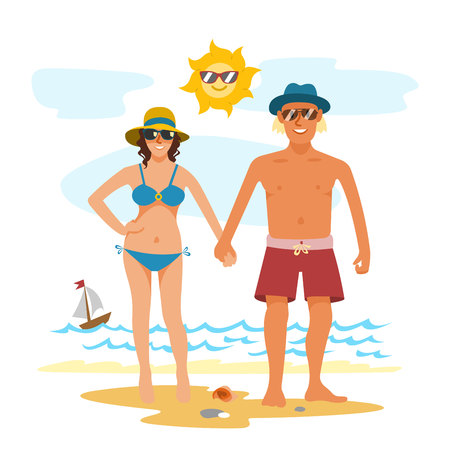 Man and woman couple vacation summer time on the beach sand tropical nature vector illustration.のイラスト素材