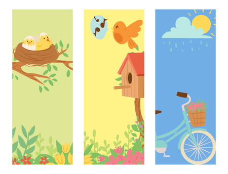 Spring natural floral blossom banner gardening tools beauty design.のイラスト素材