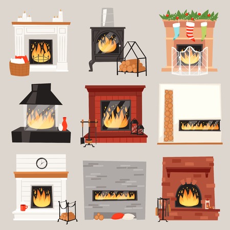 illustration set of burning fireplace on xmas isolated on white backgroundのイラスト素材