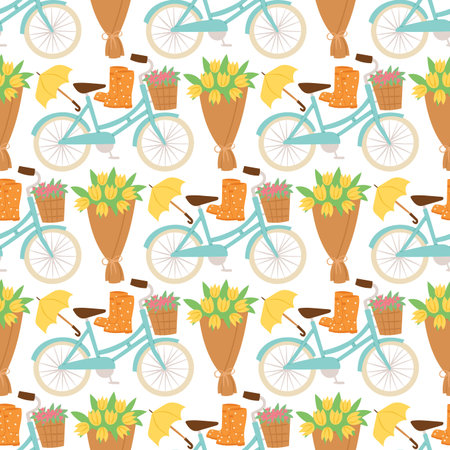 Spring natural floral blossom gardening tools hand drawn seamless pattern.のイラスト素材