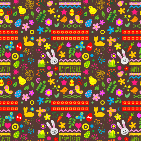 Easter rabbit character bunny seamless pattern background. Vector cute happy animal illustration, decorative ornament nature flora decoration..のイラスト素材