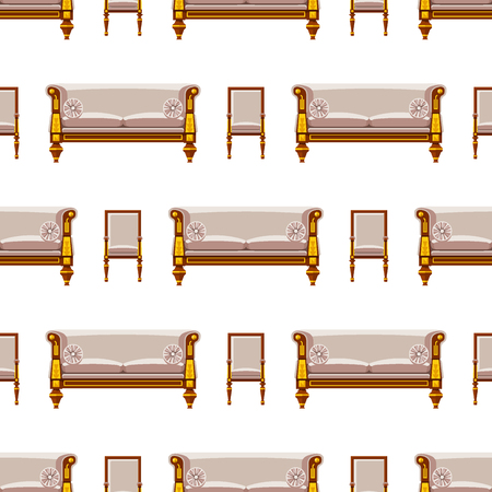 VIP vintage interior furniture. Rich wealthy house, chair, room with sofa, couch seat seamless pattern background. Vector illustration.のイラスト素材