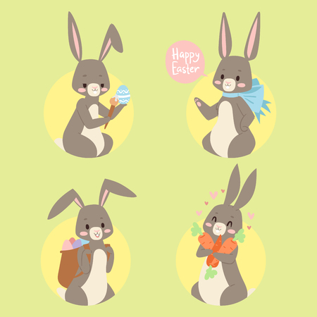Easter rabbit vector holiday bunny rabbit and Easter eggs pose cute happy spring adorble rabbit animal illustration happy family celebrationのイラスト素材
