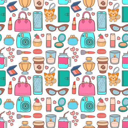 Cute hipster stickers scrapbook seamless pattern background drawing vector illustration fashion patch pop design hand drawn badges.のイラスト素材