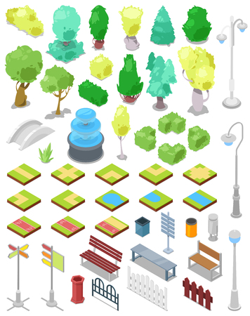 Park vector parkland with green garden trees with street lights or lamps and fountain in city illustration set of isometric parkway with benches and bins in cityscape isolated on white backgroundのイラスト素材