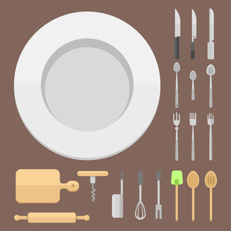 Kitchen dishes vector flat seamless pattern household equipment everyday dishes furniture illustration.のイラスト素材
