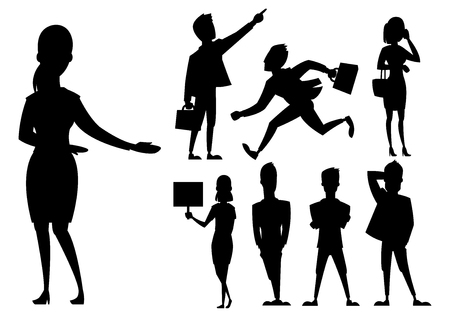 Business people man and woman black silhouette vector illustration. Collection of full length portraits of professional portrait community characters. Success occupation person.のイラスト素材