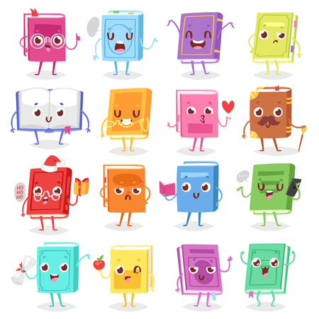 Book character vector cartoon emotion textbook with childish face expression on notebook cover illustration educational set of reading studying at school isolated on white background.のイラスト素材