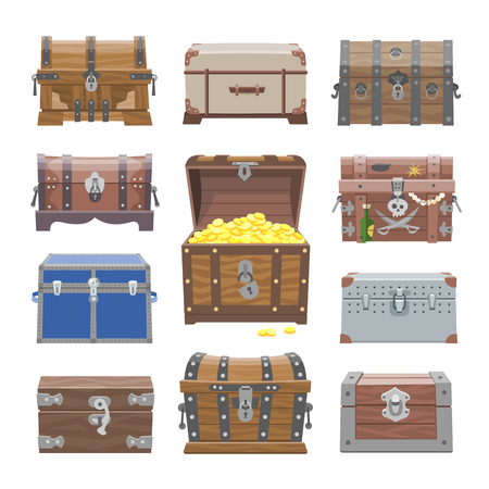 Chest vector treasure box with gold money wealth or wooden pirate chests with golden coins illustration set of closed wooden container isolated on white backgroundのイラスト素材