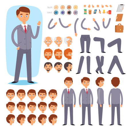 Businessman constructor vector creation of male character with manlike head and face emotions illustration set of mans body with hands legs isolated on white backgroundのイラスト素材