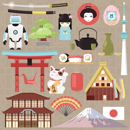 Japan vector japanese culture and architecture or oriental cuisine sushi in Tokyo illustration set of Japanization symbols character robot or geisha doll in kimono isolated on backgroundのイラスト素材