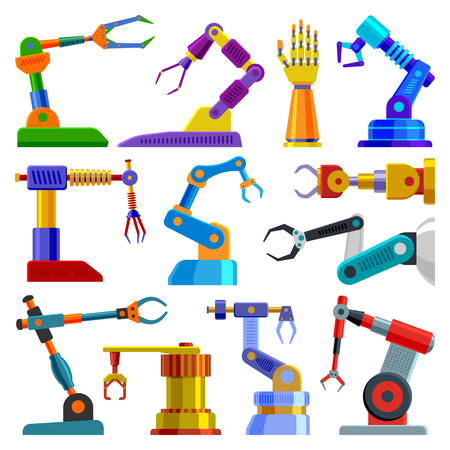 Robot arm vector robotic machine hand technology equipment illustration set of robotechnic engineer character in industry isolated on white background.のイラスト素材