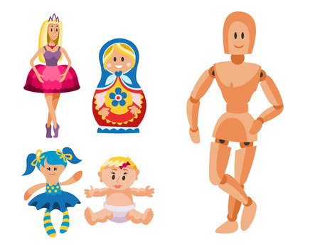 Different dolls toy character game dress and farm scarecrow rag-doll vector illustration. Pretty underwear little halloween wardrobe model style.のイラスト素材