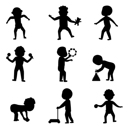Happy laughing baby wearing cute clothing black silhouette preschool little kids children first walking cheerful infants flat vector illustration.のイラスト素材