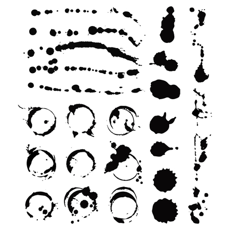 Vector set of ink splashes blots splatter collection grunge design element and art messy backdrop color dirty liquid shape spatter black white silhouette illustrationのイラスト素材