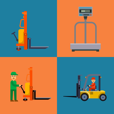 Warehouse shipping worker and delivery flat elements storage business industry vector illustration.のイラスト素材