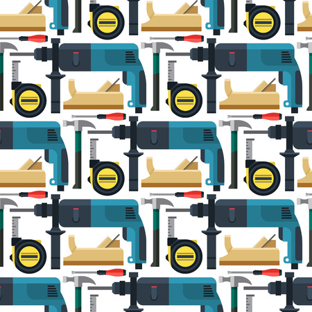 Construction man and building tools. Carpenter industry worker equipment seamless pattern background.のイラスト素材