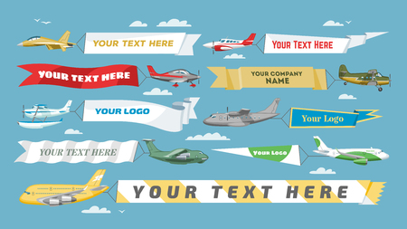 Plane banner vector airplane or aircraft with blank message advertisement and text template ad in illustration set of aeroplane or airliner advertising in sky isolated on backgroundのイラスト素材