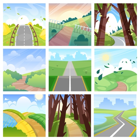Road landscape vector roadway in forest or way to field lands with grass and trees in countryside illustration journey set of highway or roadside traveling in countryのイラスト素材