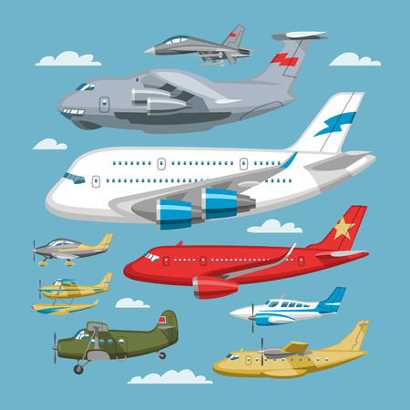 Plane vector aircraft or airplane and jet flight transportation in sky illustration aviation set of aeroplane or airliner and airfreighter cargo isolated on backgroundのイラスト素材