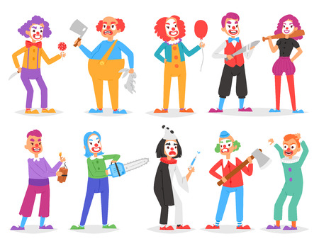 Clown vector scary clownish character clowning on performance in circus with ax or sword and cartoon man of clownery illustration set of creepy perfomers isolated on white backgroundのイラスト素材