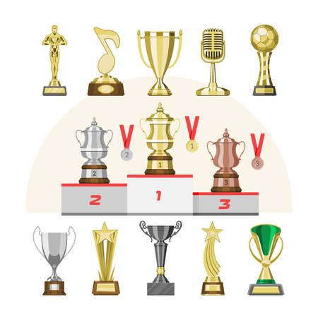 Award trophy vector winners prize trophycup or medal for award-winning champion with reward for victory on competition illustration set of golden cup for first place isolated on backgroundのイラスト素材