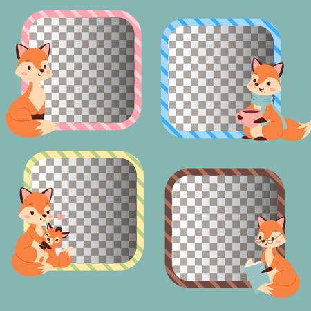 Fox character doing different foxy activities funny happy nature red tail and wildlife orange forest animal style graphic vector illustration.のイラスト素材