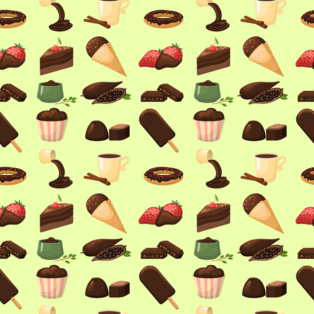 Chocolate various tasty sweets seamless pattern background candies sweet brown delicious gourmet sugar cocoa snack vector illustrationのイラスト素材