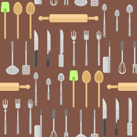 Kitchen dishes vector flat seamless pattern household equipment everyday dishes furniture illustration.のイラスト素材