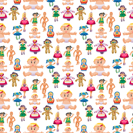Different dolls toy character game dress seamless pattern background farm scarecrow rag-doll vector illustrationのイラスト素材