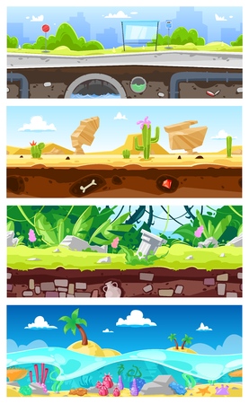 Game background vector cartoon landscape interface gamification and cityscape or urban gaming scene backdrop illustration set of underwater ocean or desert wallpaperのイラスト素材