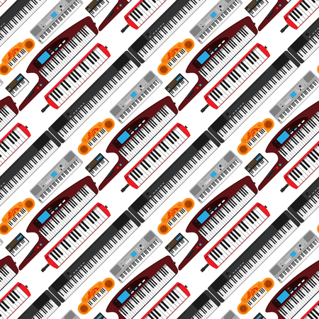 Keyboard musical instruments vector classical piano melody studio acoustic shiny musician equipment illustration. Orchestra composer electronic sound tool seamless pattern background.のイラスト素材