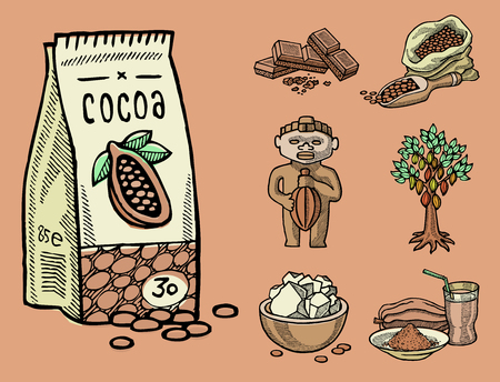 Vector cocoa products hand drawn sketch. Doodle food chocolate sweet illustration. Vintage style plant natural bean ingredient. Organic cacao tropical symbol.のイラスト素材