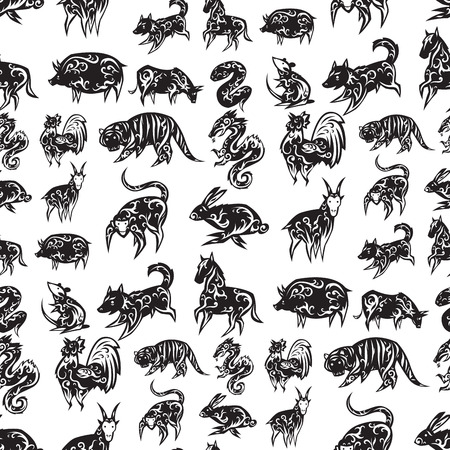 Chinese zodiac eastern calendar traditional china new year oriental animal seamless pattern background vector illustrations.のイラスト素材