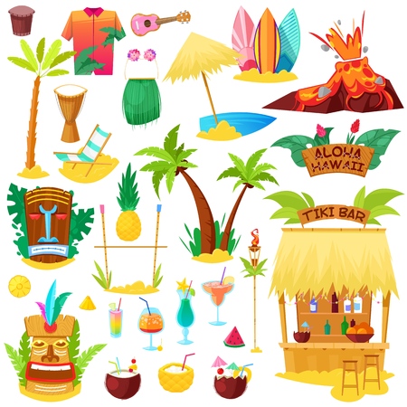 Hawaii vector hawaiian beach with tropical palm and sunbed or exotic fruity cocktails on summer vacation illustration set of hula tiki mask and surf icons isolated on white background.のイラスト素材