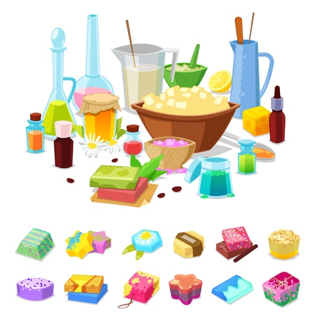 Handmade soap vector homemade hygiene aroma cosmetics for healthy aromatherapy and hand clean bath toiletries illustration hobby set of workshop scented ingredients isolated on white background.のイラスト素材