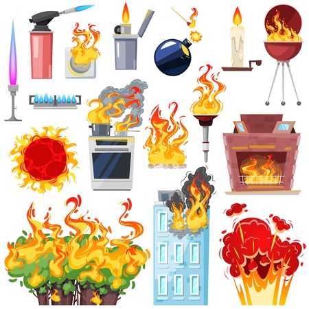 Fire vector fired house with burnt door fiery smoky kitchen in hot flame blaze illustration set of lighter and fireplace isolated on white background.のイラスト素材