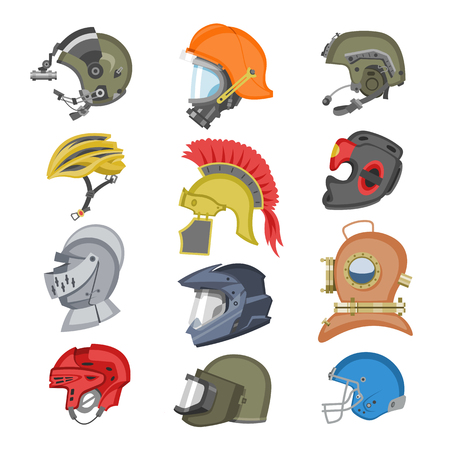 Helmet vector helm equipment protection or safety sport headpiece protecting head illustration set of motorcycle headgear with helmet-shield and ancient knight headwear isolated on white backgroundの写真素材