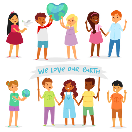 Children world vector happy kids in peace on planet earth and worldwide earthly friendship illustration peaceful childish set of boys or girls together isolated on white background.のイラスト素材