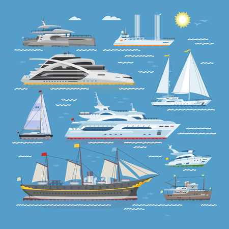 Ships vector boats or cruise travelling in ocean or sea and shipping transportation illustration marine set of nautical sailboat yachting or speedboat isolated on background.のイラスト素材