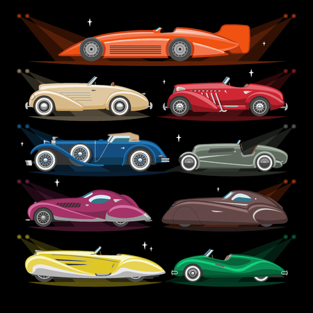 Art deco car vector retro luxury auto transport and art-deco modern automobile illustration set of old automotive vehicle and citycar with lighting headlight isolated on background illustration.のイラスト素材