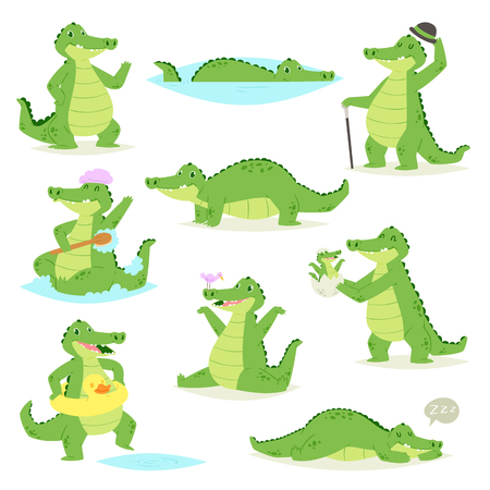 Crocodile vector crocodilian character of green alligator sleeping or playing illustration animalistic childish setof funny predator isolated on white background.のイラスト素材