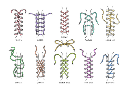 Shoelaces vector shoestring or shoe-laces and fashion accessory for footwear or footgear illustration set of shoes strings knot or rope isolated on white background.のイラスト素材