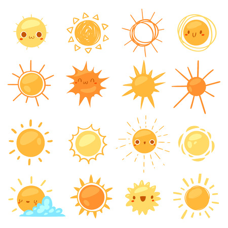 Sun vector sunny icon with yellow sunlight and sunshine emoticon illustration set of bright sunburst weather sign sunset or sunrise isolated on white backgroundのイラスト素材