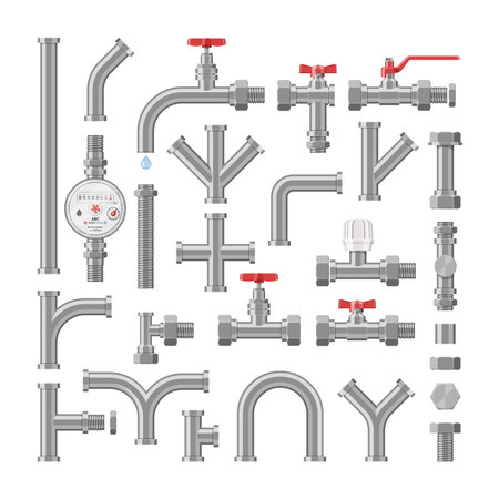 Pipe vector plumbing pipeline or piped tubing construction of metal piping system illustration industrial set of metalic tubes faucet connection with valves isolated on white background.のイラスト素材