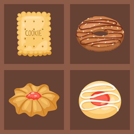 Cookie vector cakes top view sweet homemade breakfast bake food biscuit bakery cookie pastry illustration. Baked delicious chocolate tasty snack.のイラスト素材