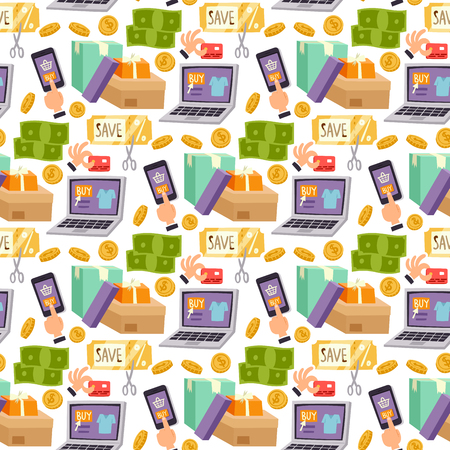 Shopping supermarket vector store shop grocery retro cartoon seamless pattern background customers carts baskets food and commerce products illustration. Business market discount cart accessory.のイラスト素材