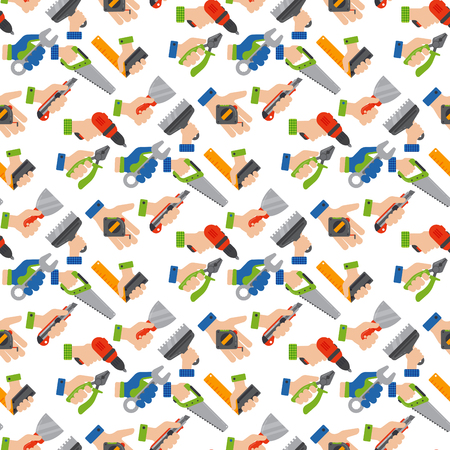 Hands with construction tools seamless pattern background worker equipment. House renovation handyman vector illustration. Carpenter industrial build job wrench repair working.のイラスト素材
