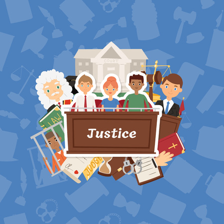 Judge vector justice law court and legal judgment of people character criminal character in prison backdrop illustration judicial courthouse background.のイラスト素材